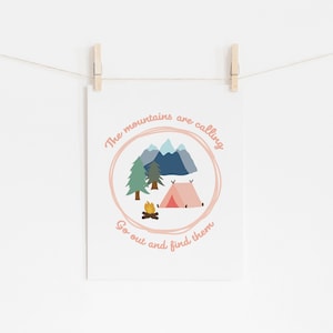 Kids room camping poster, Printable camp art, Girls travel theme nursery decor, Toddler girl wall art, Adventure mountains are calling print
