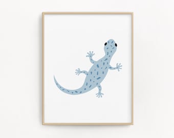 Blue gecko art, Digital download, Cute lizard wall art printable