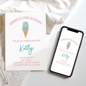 Printable birthday invitation for kids, Ice cream birthday party invite, Girl birthday editable invitation, Pink and mint chocolate chip