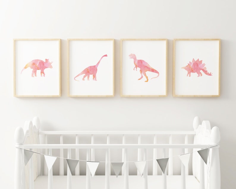Pink Dinosaur Printable Wall Art Set Of 4 Digital Prints Etsy