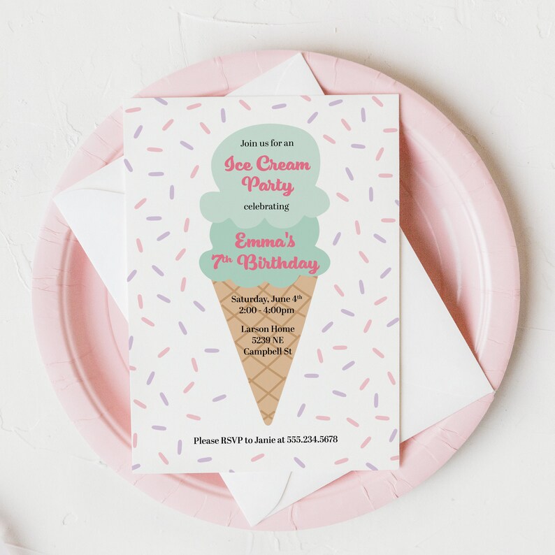 Ice cream invitation for kids birthday Sprinkles birthday party Editable invite Printable invitation birthday girl Pink