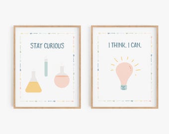 Science Wall Art in Pastel Colors - Stay Curious - I Think I Can - Inspirational Art for Kids - Choose Framed or Unframed