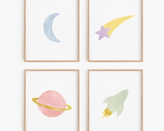 Space Nursery Art - Set of 4 Prints - Moon, Shooting Star, Planet and Rocket Illustrations - Choose Framed or Unframed
