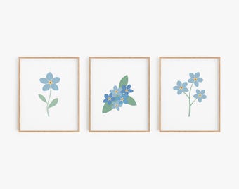 Botanical Wall Art - Blue and Green Floral Art Prints - Forget Me Not Illustrations
