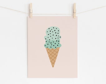 Ice cream wall art, Digital download, Kids room decor, Kitchen wall decor, Cute nursery pictures, Mint chocolate chip ice cream cone