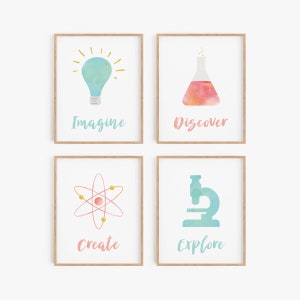 Science art print set with inspirational saying - Microscope, Beaker, Lightbulb, Atom - Chemistry posters for girls room