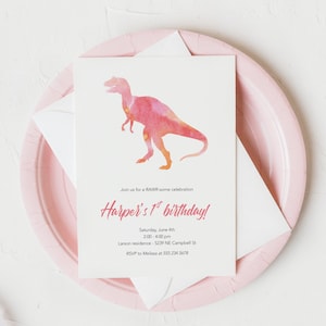 Invito per il 1° compleanno, Girl dinosaur party, Modello digitale per invito al compleanno, Inviti per dinosauri rosa stampabili per compleanno per bambini