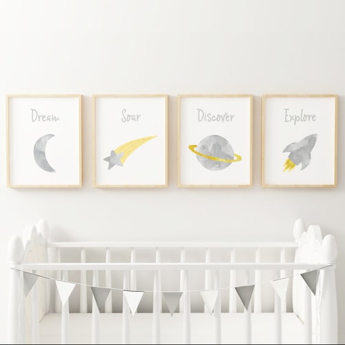 Space Themed Nursery Wall Art Neutral Nursery Decor Grey and Etsy