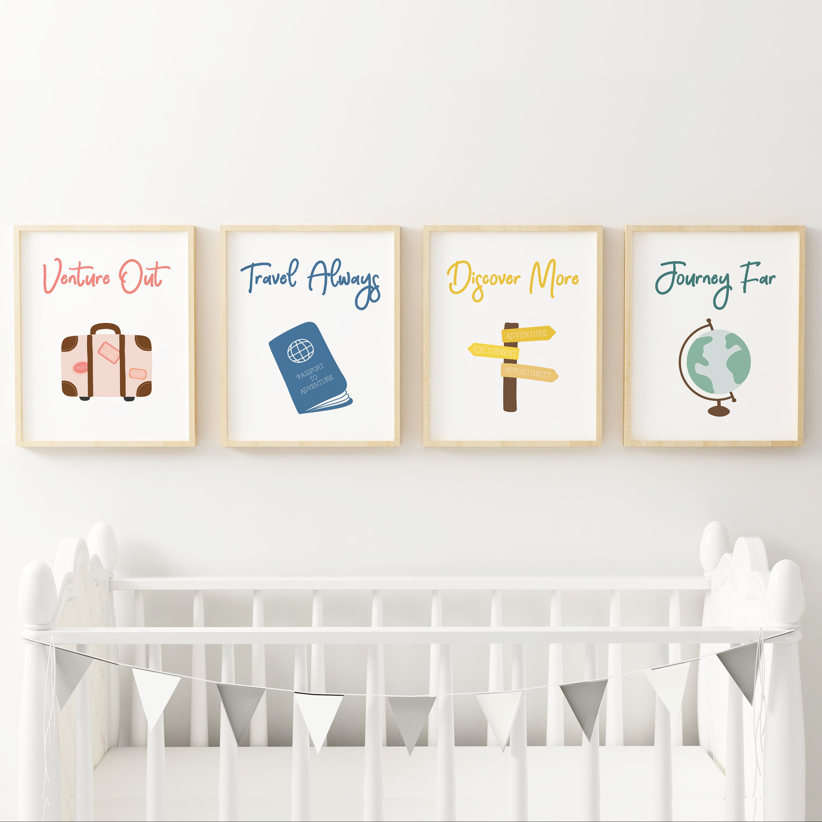 Travel theme nursery decor, Kids room wall art set, Explorer nursery prints  colorful – Flip The Script Studios