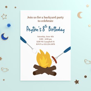 Campfire Birthday Invitations, Backyard Bonfire Party Invitations, Boy ...