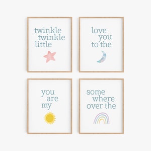 Baby nursery art, Kids gallery wall, Nursery decor girl, Rainbow print, Star moon nursery pictures, New baby gift, Baby shower decorations