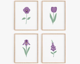 Purple Floral Art Prints - Nursery, Office or Bedroom Wall Art - Tulip, Pansy, Foxglove and Iris Pictures - Hand Drawn Flower Illustrations