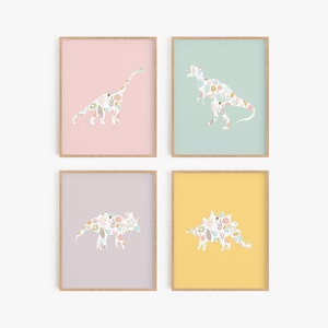 Decoración de guardería de dinosaurios para niñas, carteles de dormitorio de niños con tema de dinosaurio, arte de guardería en colores pastel, imágenes de dinosaurios femeninos, habitación de bebé lindo imprimible