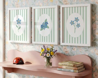 Preppy Nursery Wall Art - Vertical Stripe Blue and Green Floral Nursery Decor - Set of 3 Forget-Me-Not Flower Art Prints