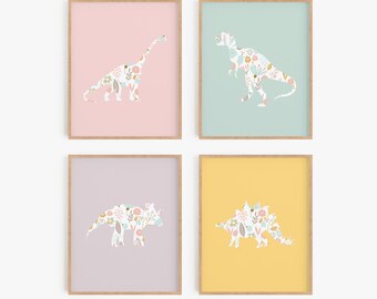 Dinosaur Wall Art - Baby Girl Dinosaur Nursery Art - Set of 4 - Choose Framed or Unframed