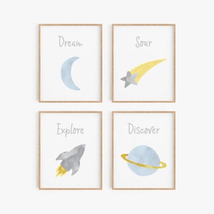 Space theme nursery art, Blue and gray nursery decor boy, Baby shower decor, Moon planet star rocket illustrations, Toddler room pictures