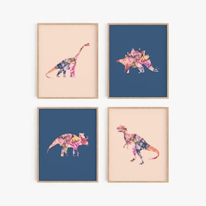 Blue and pink dinosaur posters, Printable art for kids room, Girl dinosaur nursery decor, Boho nursery print set, Dinosaur theme bedroom art