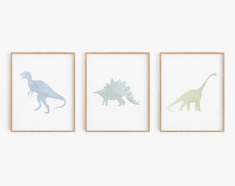 Dinosaur Nursery Decor - Blue and Green Watercolor Dinosaur Prints - T Rex, Stegosaurus and Brachiosaurus - Framed Wall Art or Unframed