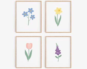 Wildflower Nursery Wall Art - Pink, Purple, Yellow and Blue Floral Art Prints - Foxglove, Daffodil, Forget-Me-Not and Tulip Artwork