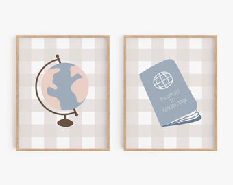 Travel Wall Art - Set of 2 Prints - Globe and Passport Artwork with Buffalo Plaid Background - Choose Framed or Unframed Art