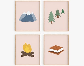 Camping kids wall art, Cabin decor, Mountain theme nursery prints, Cute camper decor, Forest wall art, Girl bedroom printable art s'mores