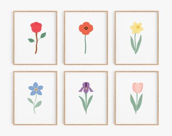 Floral Nursery Wall Art - Set of 6 Prints Framed or Unframed - Wildflower theme nursery decor - Rose, Poppy, Daffodil, Iris, Tulip Pictures