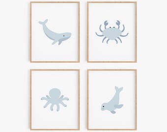 Sea animal wall art set of 4 - Light blue nursery art - Whale, Crab, Octopus and Seal - Digital downloads