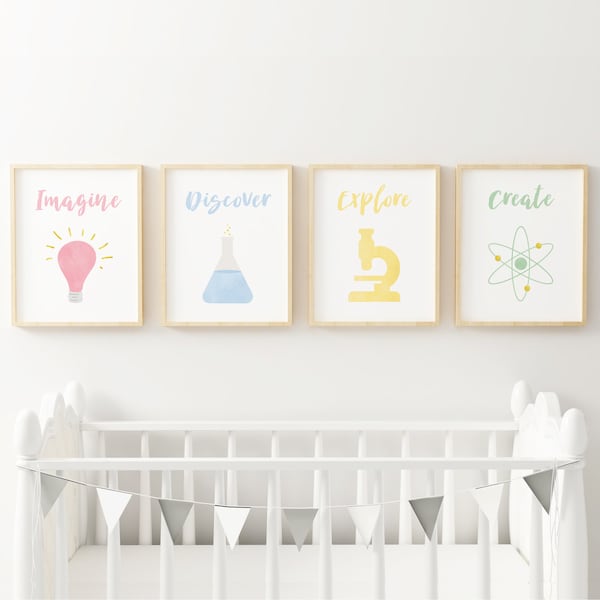 Science nursery prints, Unisex nursery wall art, Gender neutral baby gift, Science theme kids room posters, Printable classroom decor STEM