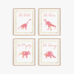 Dinosaur girl nursery decor, Dinosaur baby shower, Dinosaur prints, Toddler girl room printable art, Girl&#39;s bedroom wall art, Pink and gold