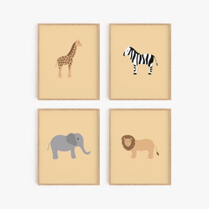 Safari kids room decor, Neutral nursery art, Animal themed toddler bedroom wall art, Set of 4 digital downloads, Playroom print set girl boy
