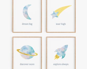 Outer Space Nursery Decor - Watercolor Wall Art Set of 4 - Moon, Star, Planet and Rocket Prints - Choose Framed or Unframed