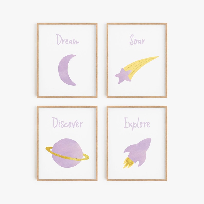 Outer space nursery Purple nursery decor Girl space art Space themed girls room Moon star planet rocket posters Empowering art for kids