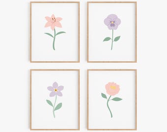 Pink and Purple Flower Nursery Wall Art Set - Baby Girl Floral Theme Nursery Decor - Choose Framed or Unframed Prints