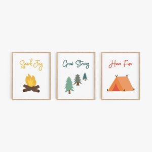 Camping art prints, Digital downloads for kids bedroom, Campfire artwork, Forest nursery decor, Tent wall art
