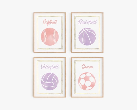 Sports theme girls room decor, Sports posters for girls, Pastel room decor for teens, Girl sports playroom prints, Little girls room sports