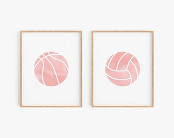 Pink volleyball and basketball posters, Digital downloads, Sports wall art for girls, Female athlete decorations, Locker room decor