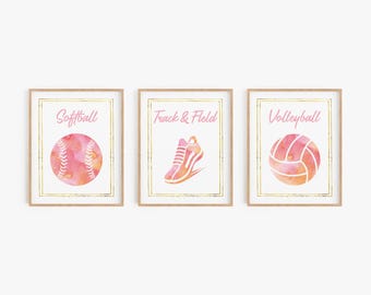 Sports Wall Decor Set of 3 - Volleyball Poster - Softball Poster - Track and Field Poster - Digital Downloads