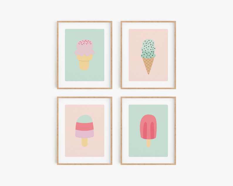 Ice cream poster, Popsicle art print, Mint green and blush pink baby girl nursery decor, Danish pastel wall art, Summer party printable image 1