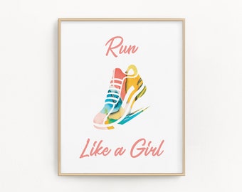 Running art print, Girls track and field poster, Cross country printable art, Running shoe wall decor, Run like a girl, Woman runner gift