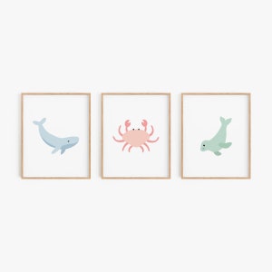 Ocean animal wall art, Under the sea kwekerij decor, Whale seal en krab artwork, Gender neutrale kwekerij art prints voor kinderkamer of speelkamer
