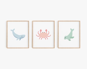 Ocean animal wall art, Under the sea nursery decor, Whale seal and crab artwork, Gender neutral nursery art prints for kids room or playroom