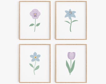 Light Blue and Purple Flower Prints - Floral Wall Art Set for Bedroom, Bathroom, Laundry Room, Office or Nursery