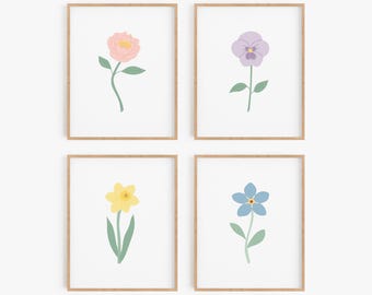 Floral Nursery Wall Art Set of 4 Prints - Pastel Pink, Purple, Blue and Yellow Flower Artwork