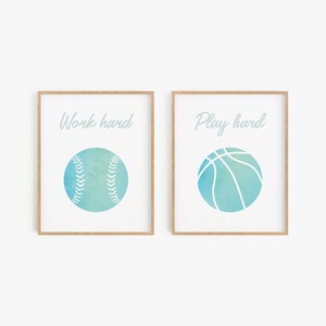 Sports posters printable art, Softball wall art, Basketball decor, Work hard play hard, Teen athlete room decor, Turquoise wall decor