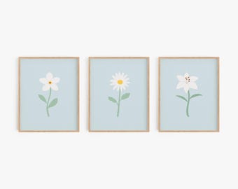 Daisy Wall Art - Blue and White Flower Prints - Floral Wall Decor for Nursery, Children's Room or Office