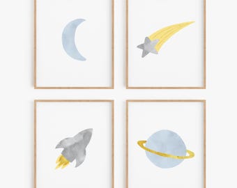 Space Themed Nursery Wall Art - Blue and Gray Boy's Room Decor - Choose Framed Art or Unframed Prints