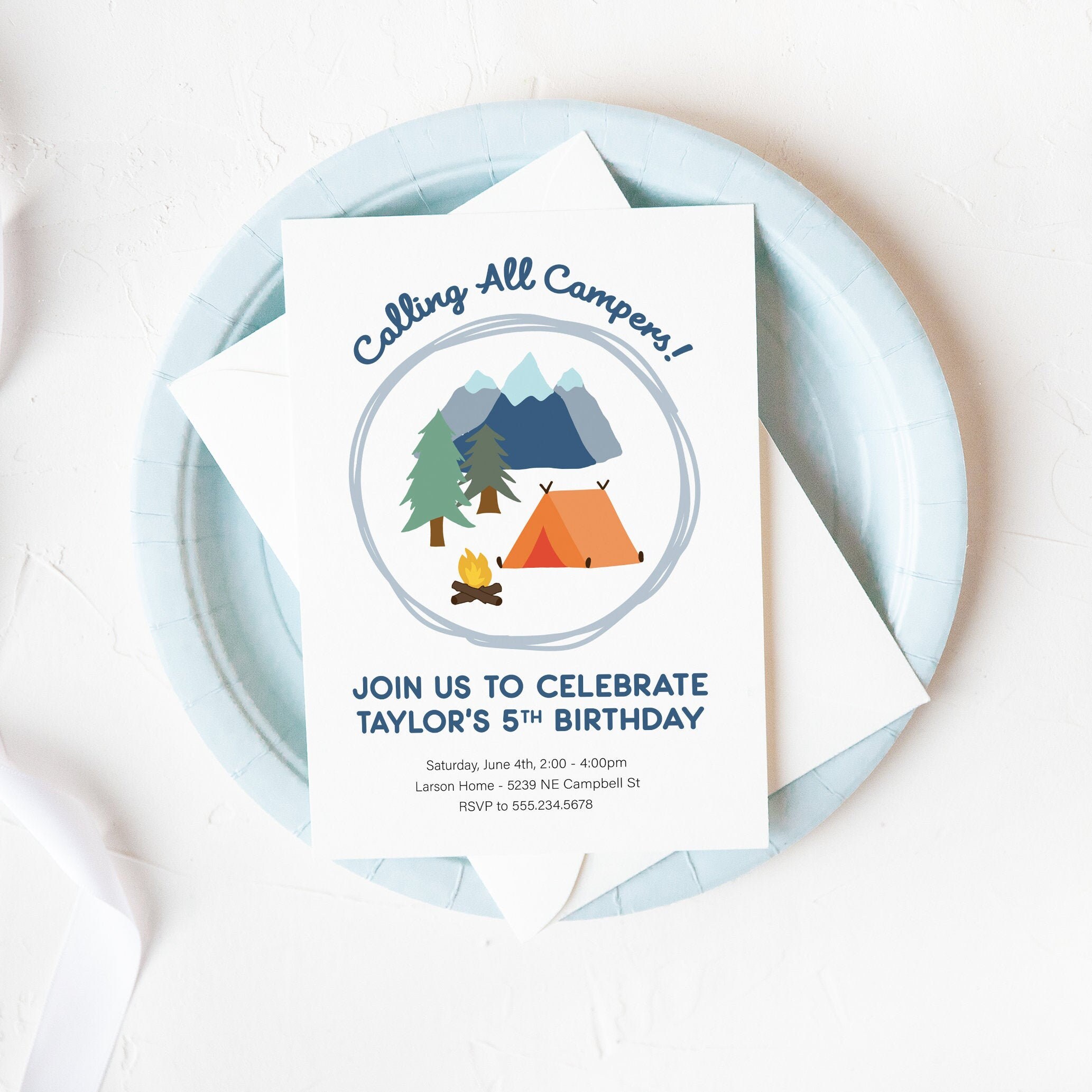 Camping birthday invitation Calling all campers party Camping theme decorations blue Backyard birthday party boy or girl