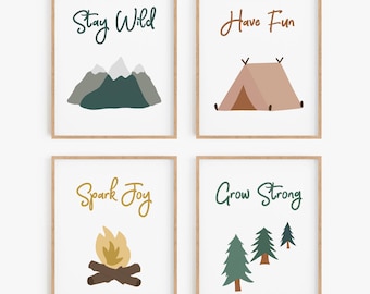 Adventure Nursery Wall Art Set of 4 – Camping & Mountain Prints with Inspirational Quotes