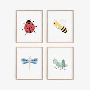 Honey bee nursery decor, Ladybug baby room wall art, Cute bug print set, Kids bedroom printables, Red yellow blue green animal nursery art