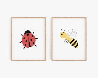 Ladybug and Bee Wall Art Set - Nursery Print Set of 2 - Choose Framed Art or Unframed Prints